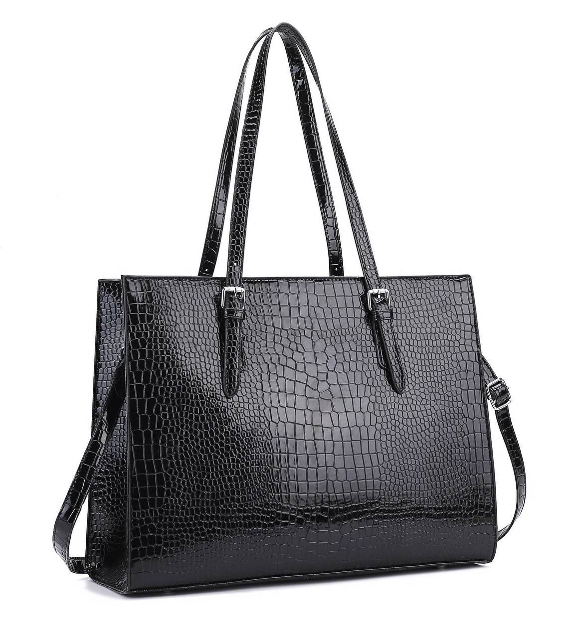 laptop handbag with long hand(crocodile skin) - black