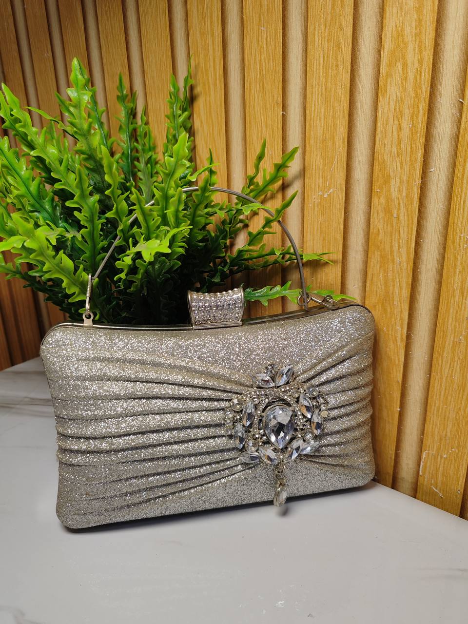 party purse with big stone brooch 9102# - silver