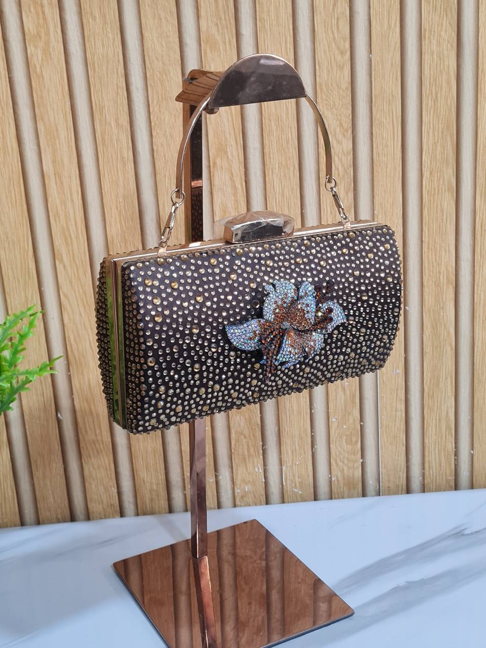 party purse with stones and brooch in front 22053 - coffee