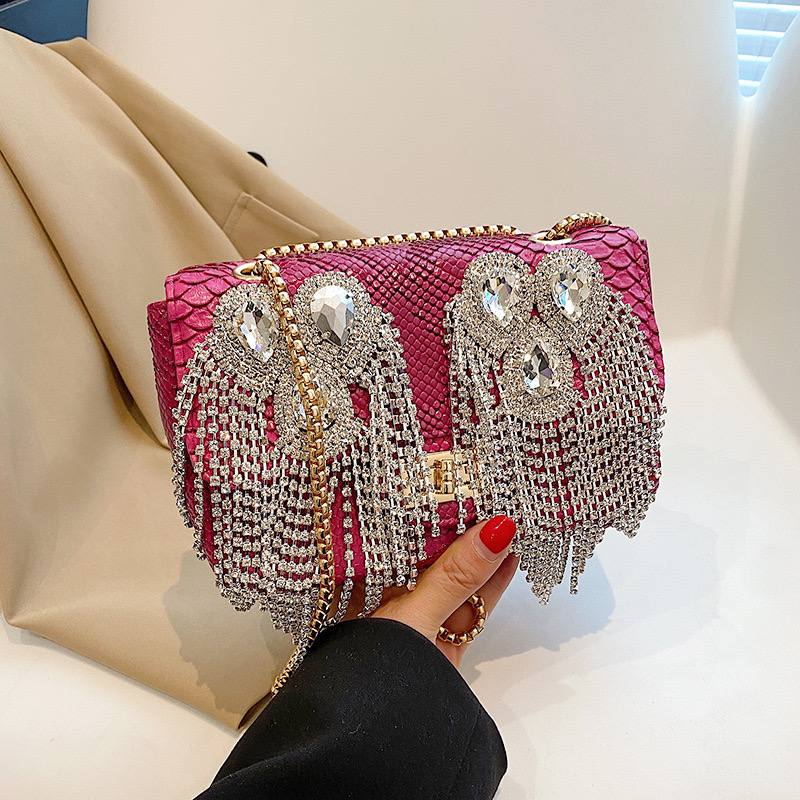 fringe mini bag with stones - pink