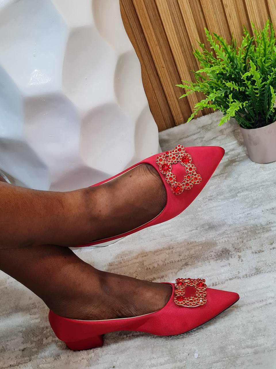 wei ming xin block heel shoes with square design on top with red stones an dppointed tip - red