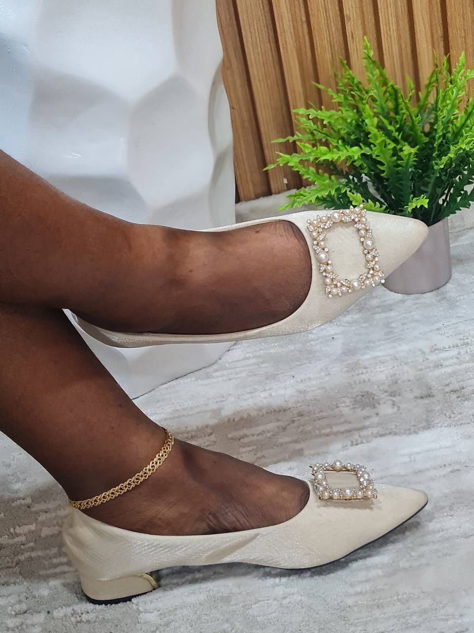 wei ming xin block heel shoes with square beads - champagne