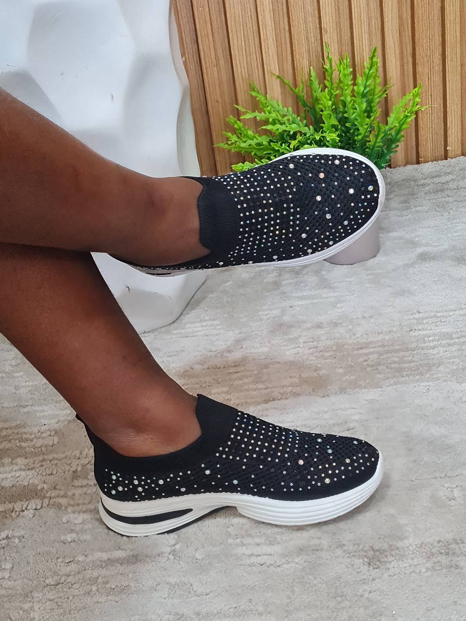 fabric sneakers with big and small stones - black
