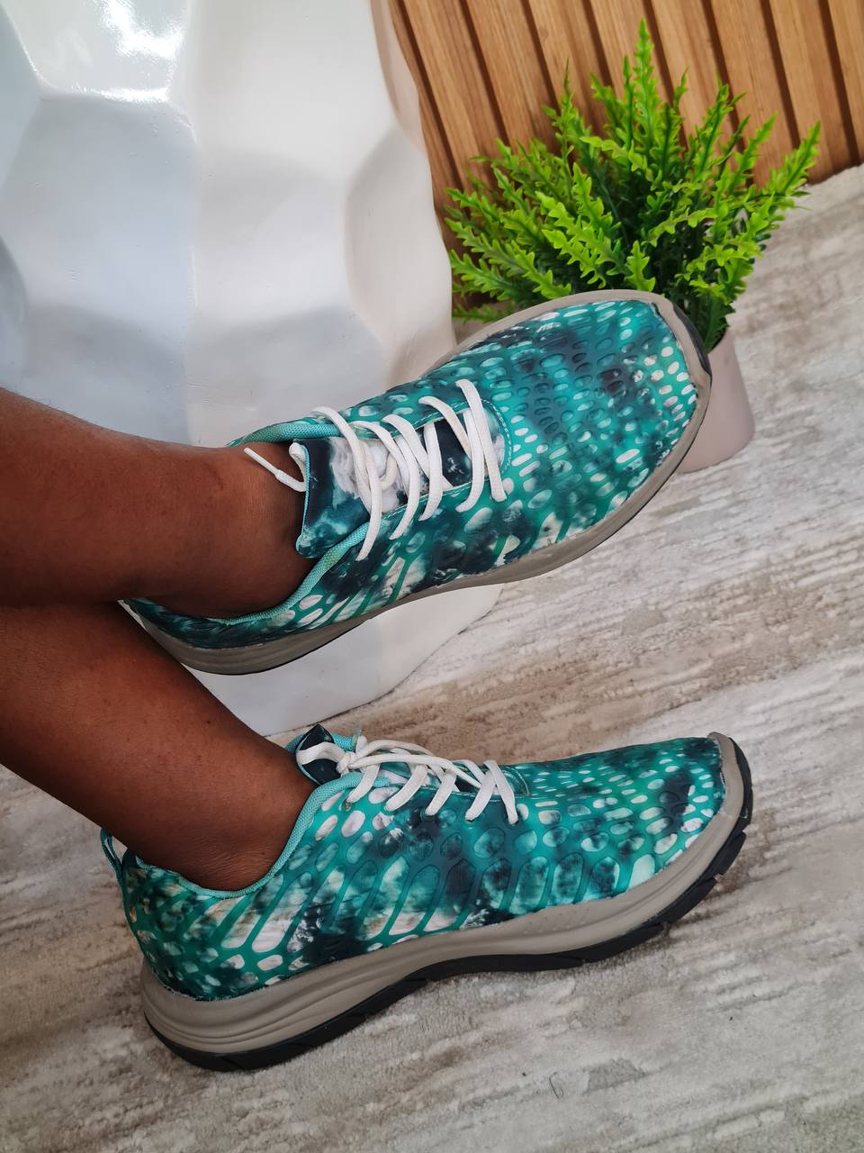 green adire sneakers with grey sole