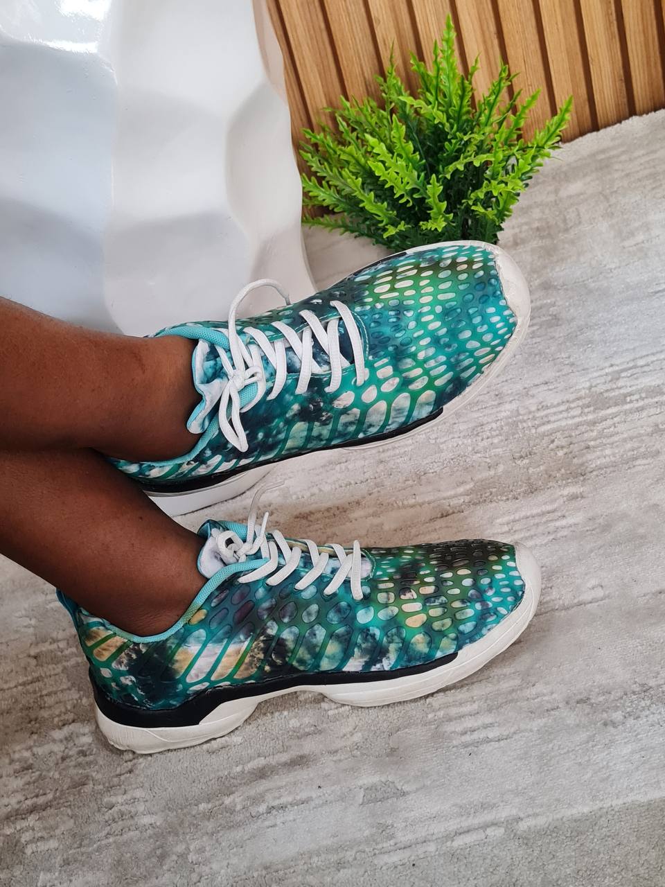 green adire sneakers with white sole