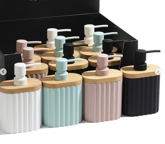 oval straight line with wood top home and fun soap dispenser
