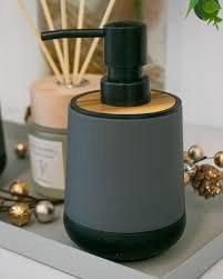 round black base home and fun soap dispenser with wood edge - Thumbnail 4