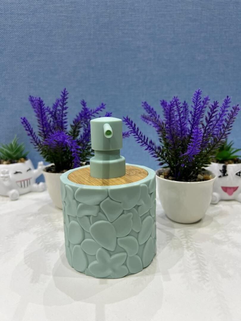 short pebble patterned with wood top home and fun soap dispenser