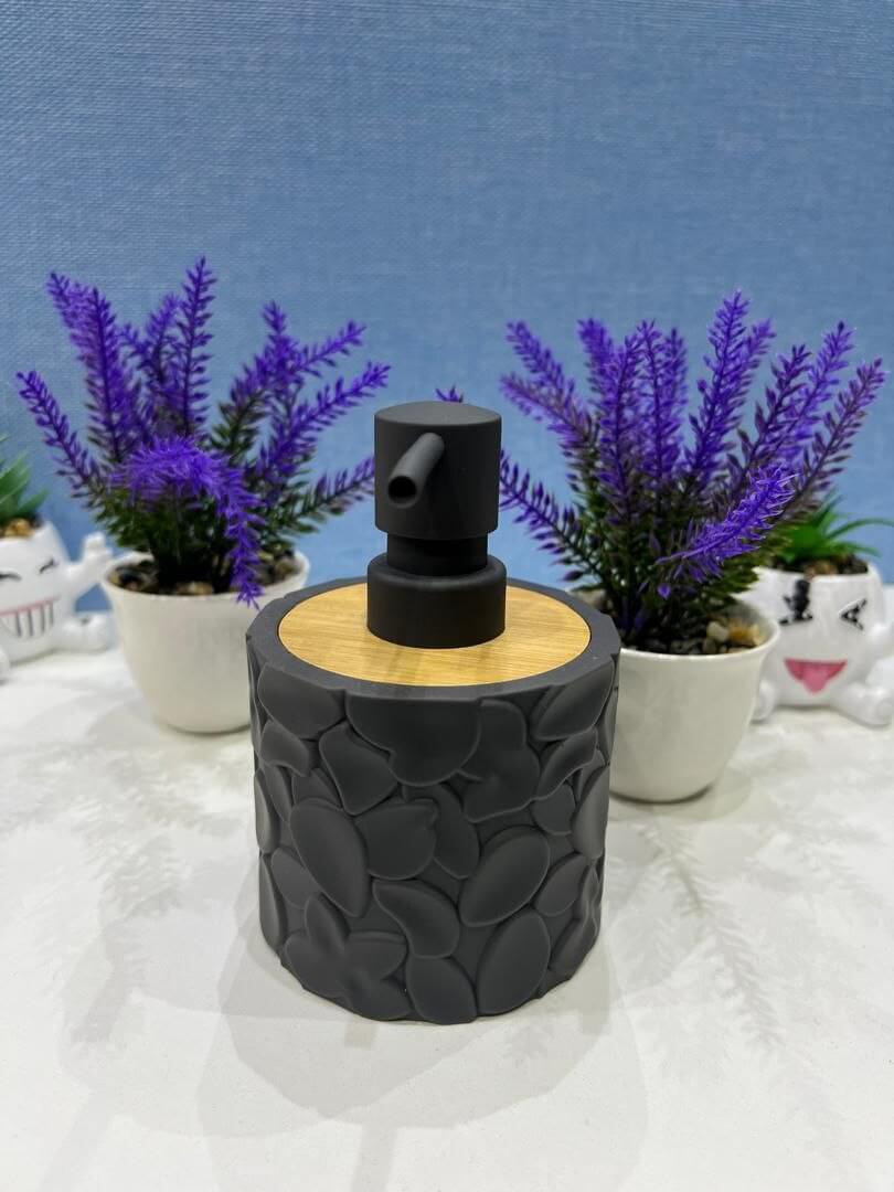 short pebble patterned with wood top home and fun soap dispenser - Thumbnail 3