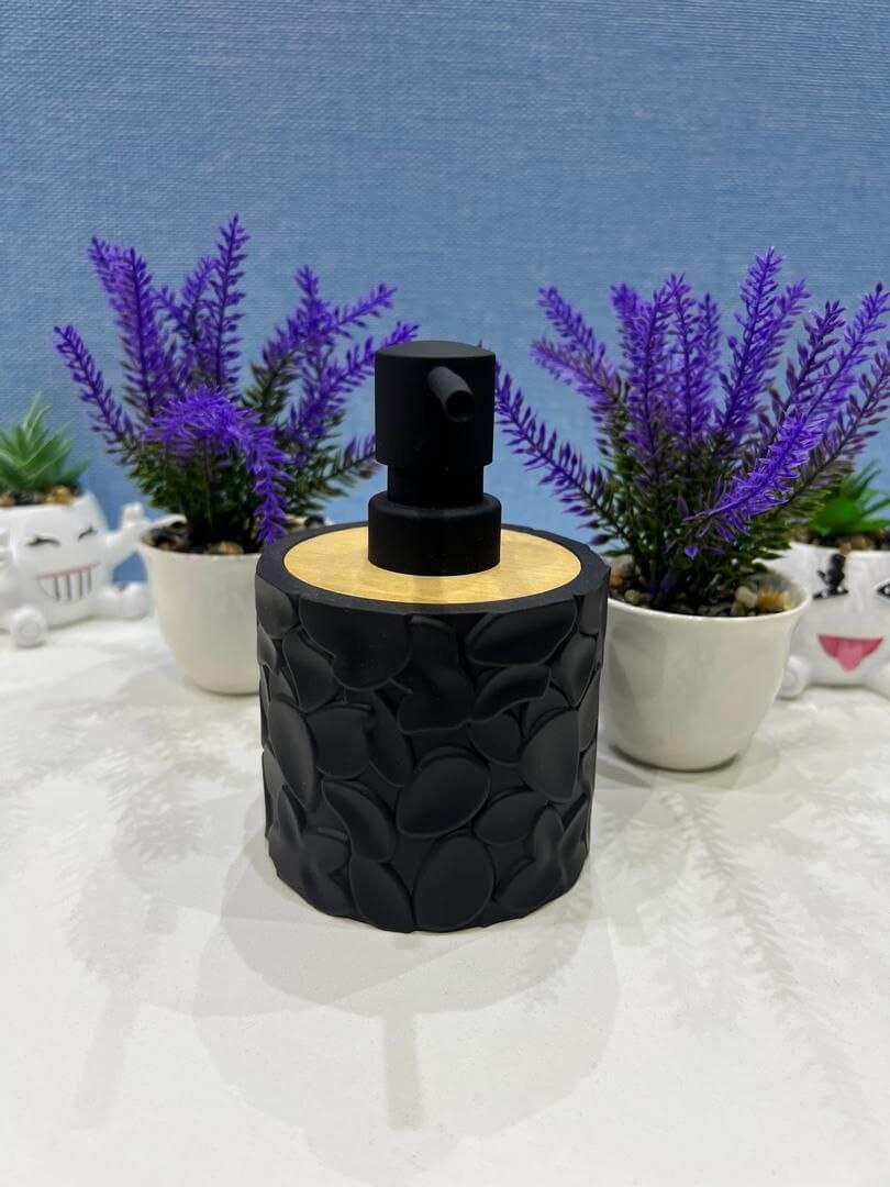 short pebble patterned with wood top home and fun soap dispenser - Thumbnail 4