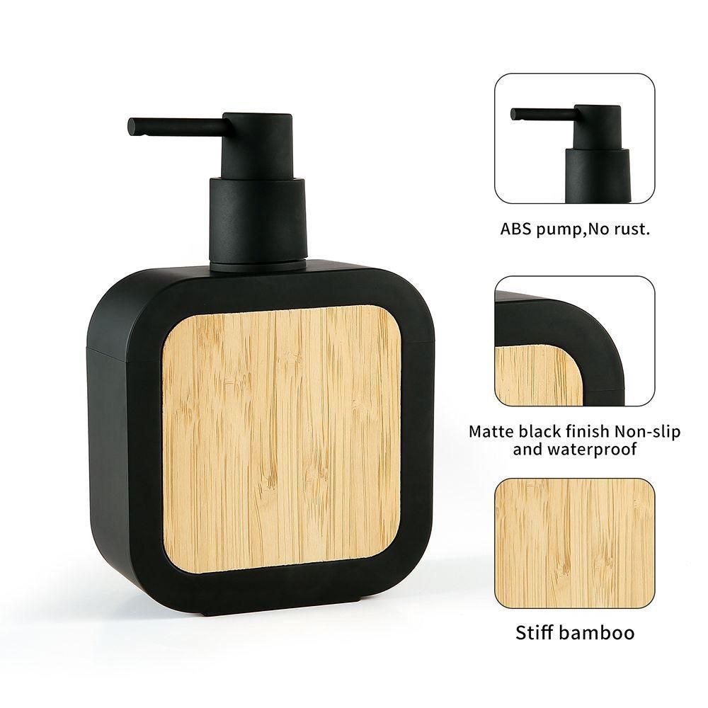 black wooden side home and fun soap dispenser