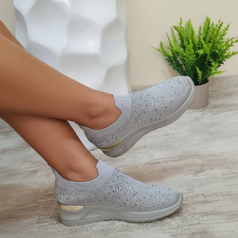 fabric wedge sneakers with gold design - grey