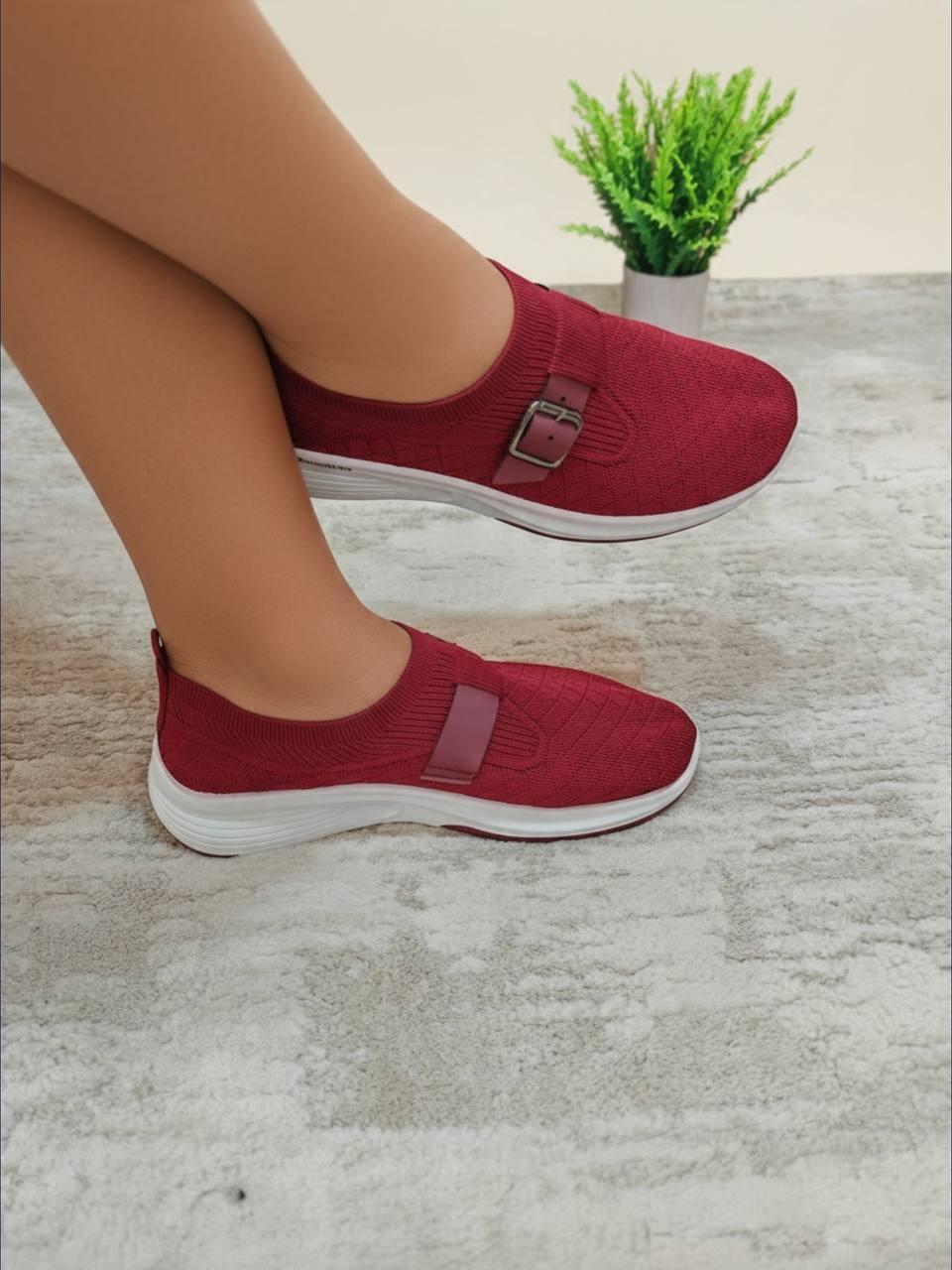 female belted casual sneakers - wine