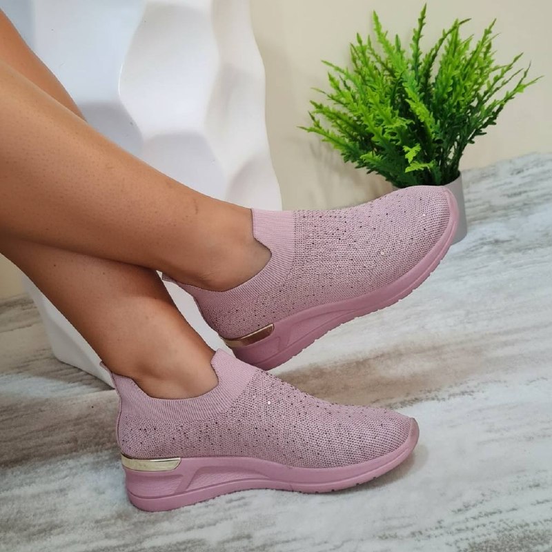 fabric wedge sneakers with gold design - pink