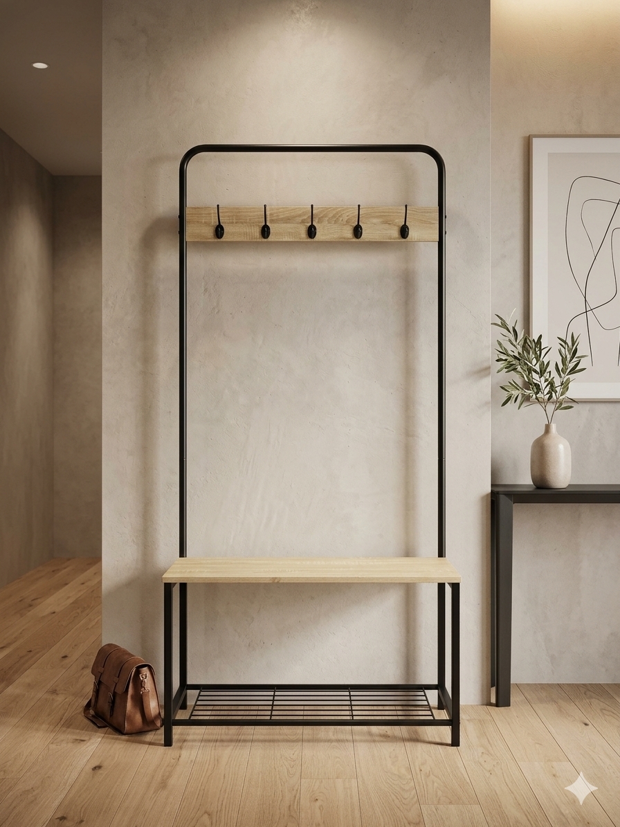 black metal and wood cloth and shoe organizer