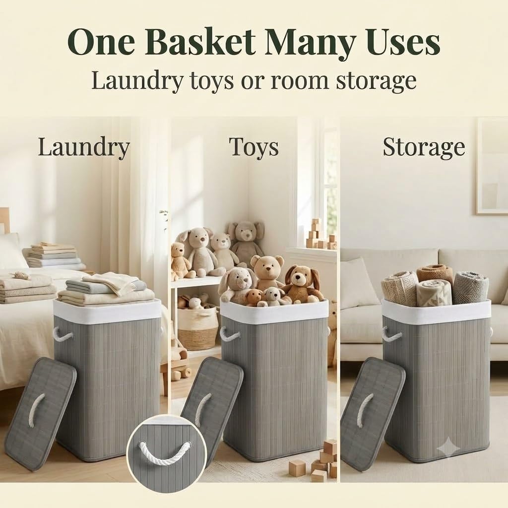 grey bamboo laundry basket - Thumbnail 4