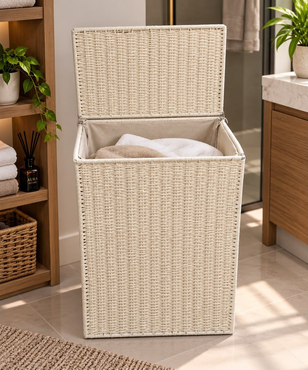 white single rafia basket with cover