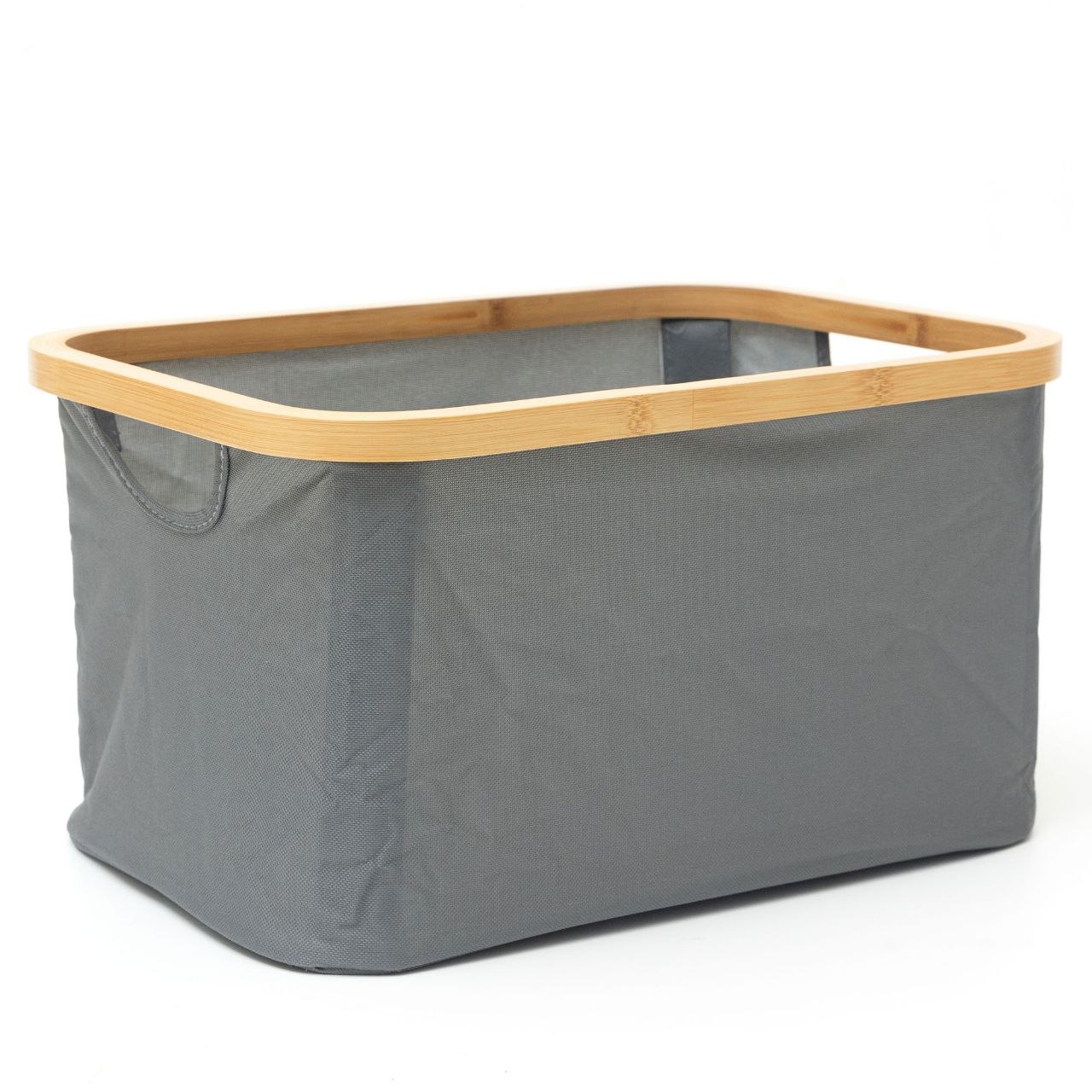 grey fabric hamper with wooden edge
