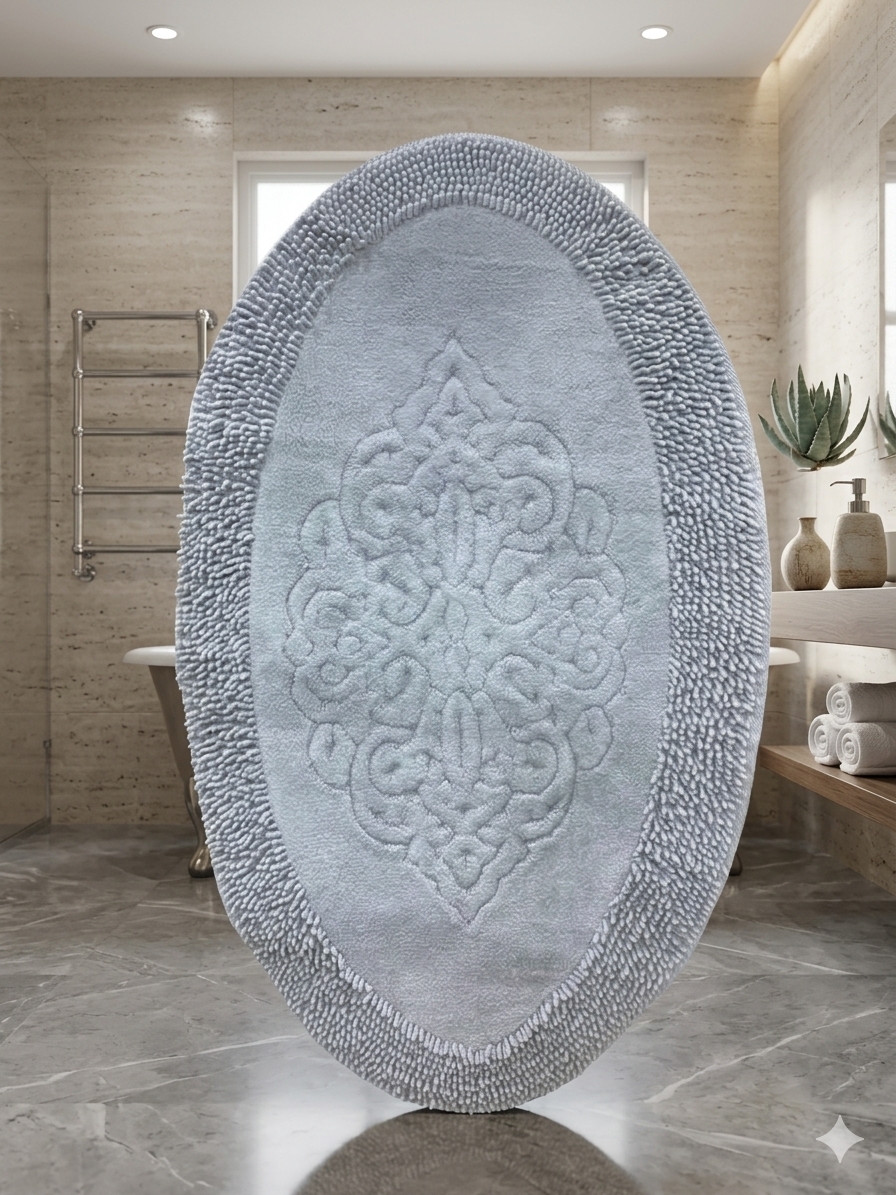 LIGHT GREY OVAL FURRY SERMAT MAT