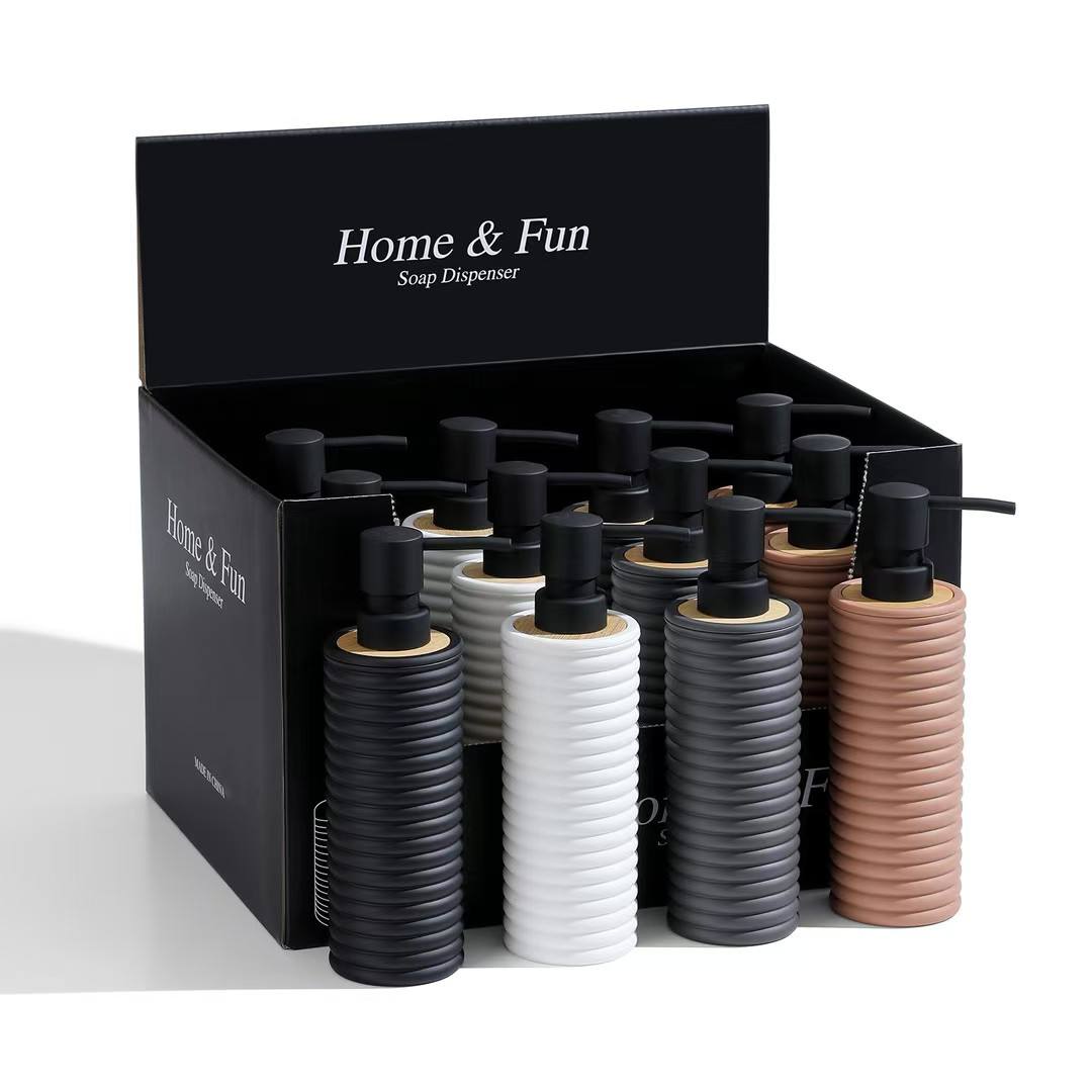 a2 long ribbed home and fun soap dispenser with wood top