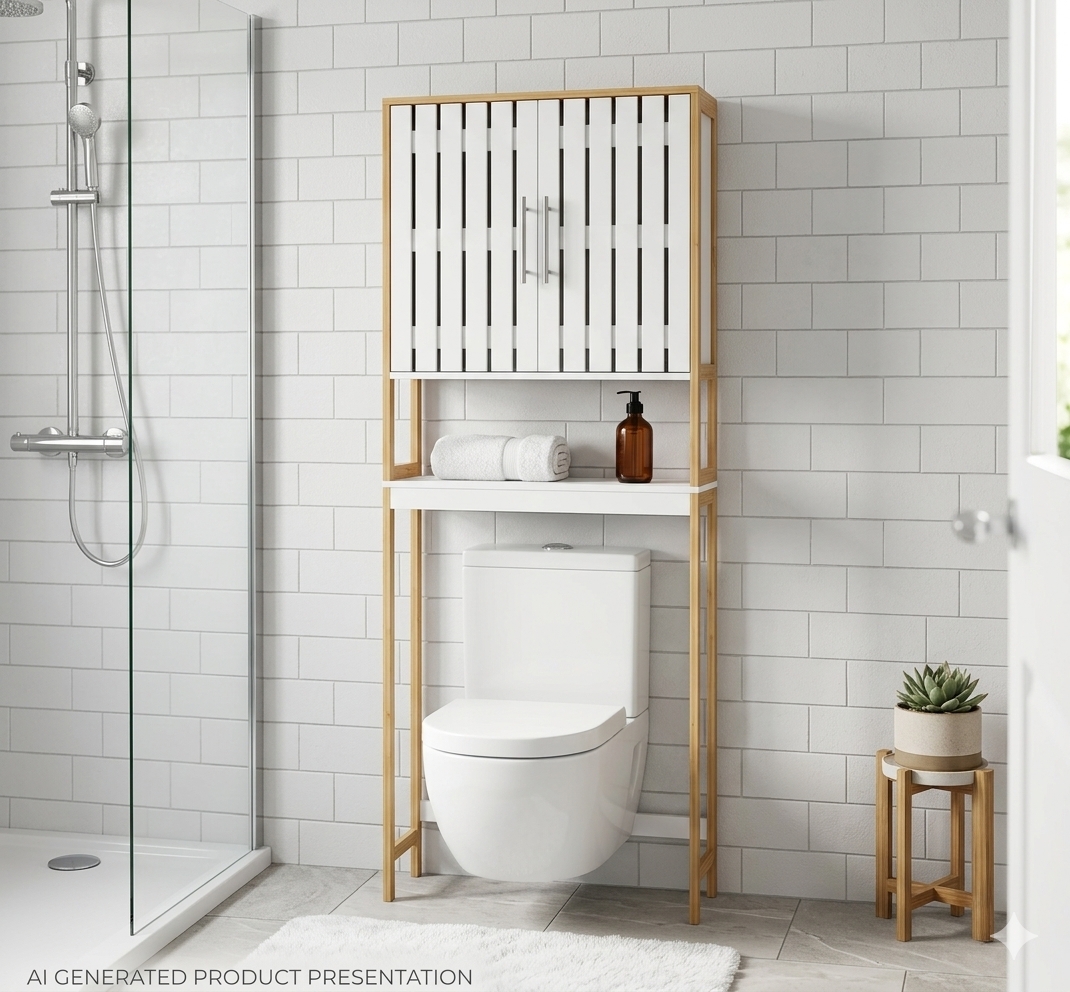 WHITE AND BROWN OVER THE TOILET 