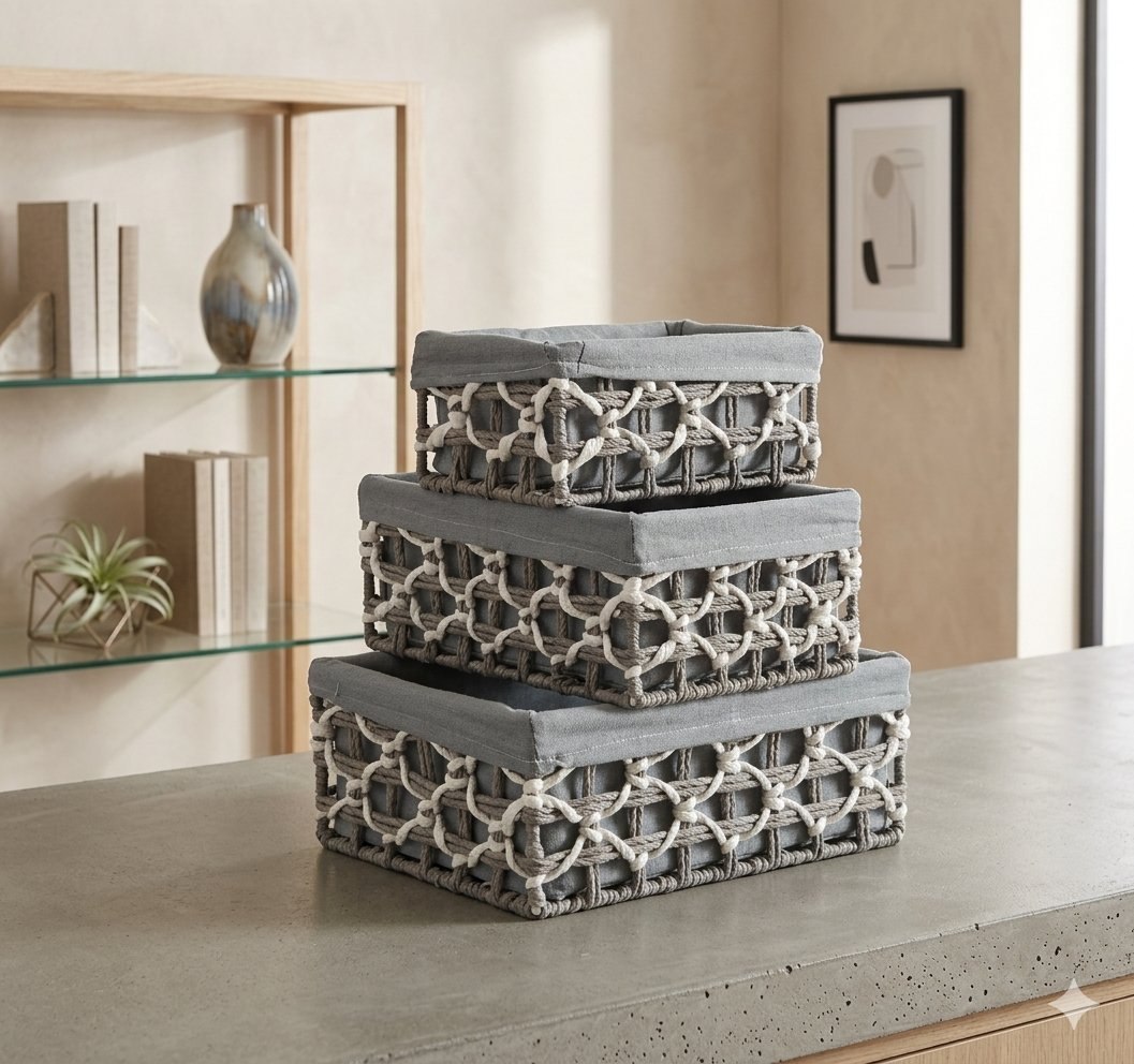 3 in 1 grey rafia hamper