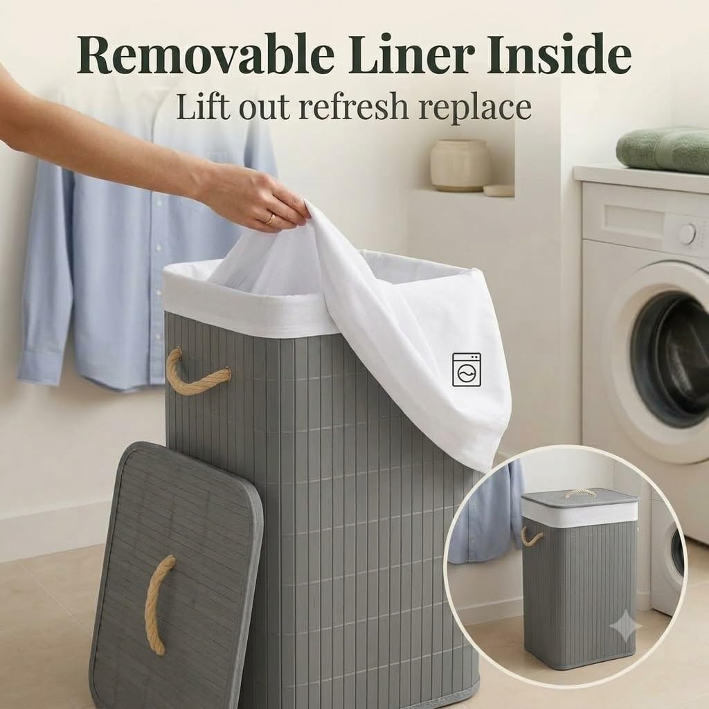 grey bamboo laundry basket - Thumbnail 3