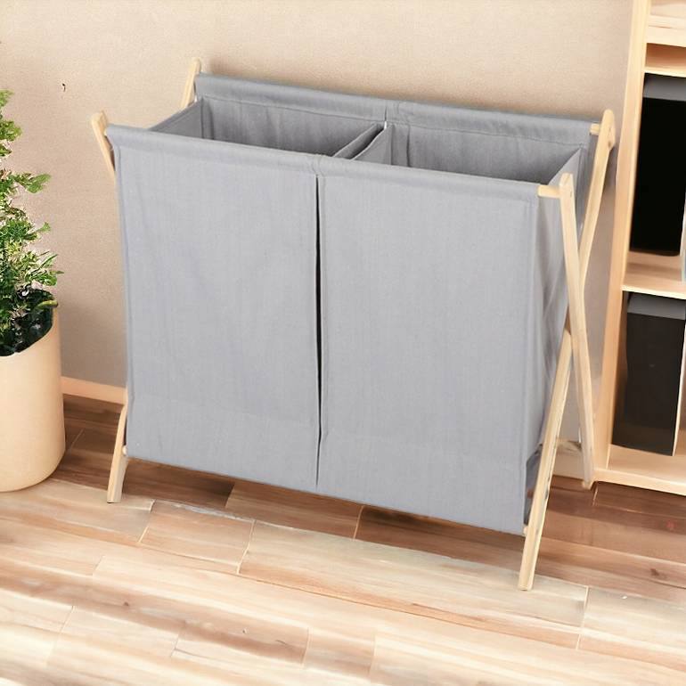 grey collapsible wooden laundry hamper