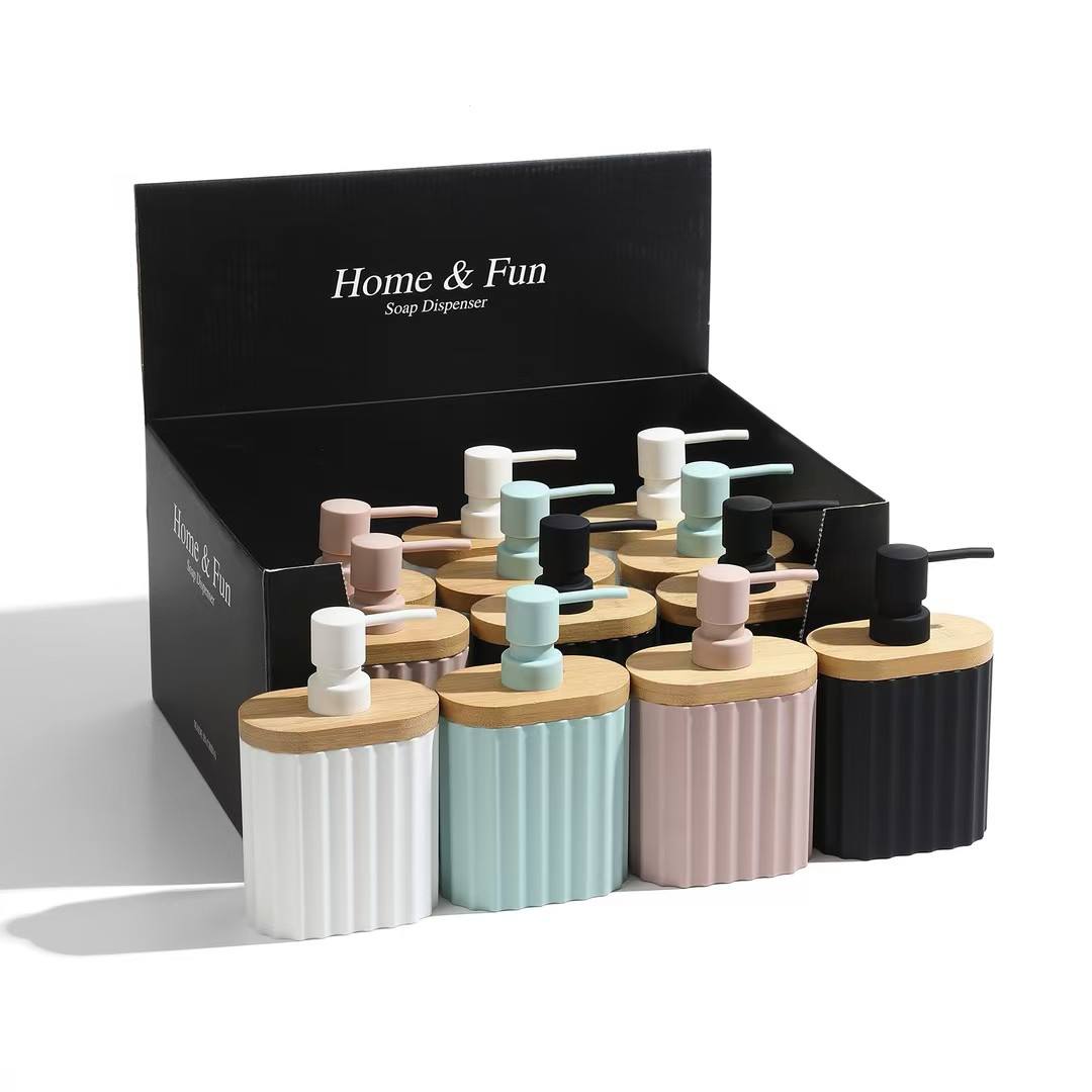 oval straight line with wood top home and fun soap dispenser